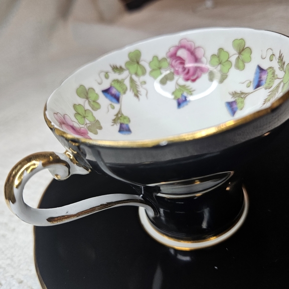 Ansley England Tea Cup and Saucer BLACK Floral Flowers Floral Design Teacup - Picture 2 of 16